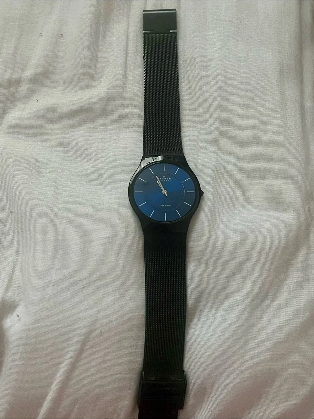 Skagen Blue Dial Titanium Watch with Black Mesh Strap